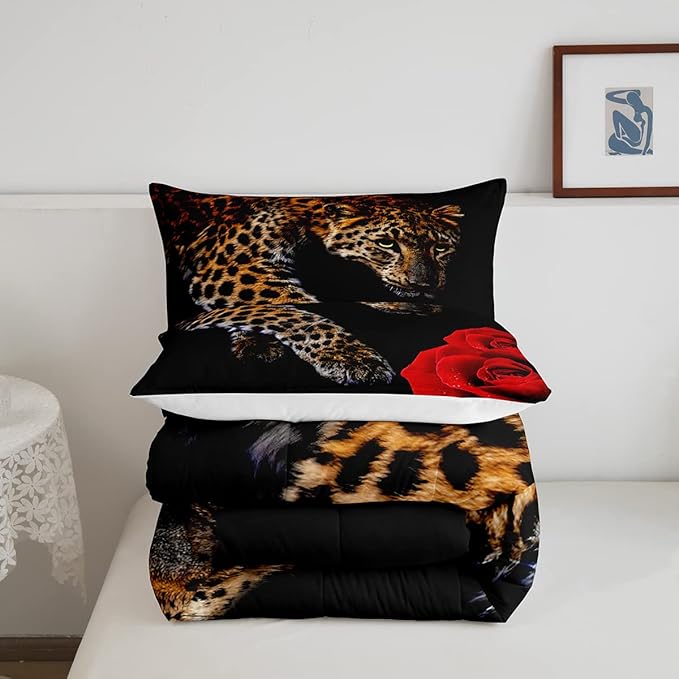 Erosebridal Leopard Comforter Set Queen Size,Red Rose Cheetah Bedding Set,Cat Leopard Print Down Comforter, Romantic Floral Quilted Duvet, Safari Animal Quilt Set, Stylish Bedroom Decor, Black