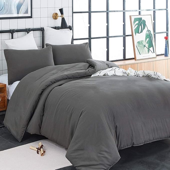 Deep Grey Comforter Set King Dark Gray Beddig Set Women Solid Gray Color Bedding Set 3 Pieces with 2 Pollowcases Lightweight Durable Gray Blanket Sets Breathable Gray Bed Comforter Set King