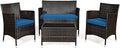 Goplus 4-Piece Rattan Patio Set, Outdoor/Indoor Wicker Conversation Set for Pool, Backyard, Lawn, Wicker Chairs and Sofa with Soft Cushion, Rattan Furniture with Tempered Glass Coffee Table