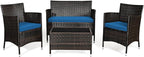 Goplus 4-Piece Rattan Patio Set, Outdoor/Indoor Wicker Conversation Set for Pool, Backyard, Lawn, Wicker Chairs and Sofa with Soft Cushion, Rattan Furniture with Tempered Glass Coffee Table