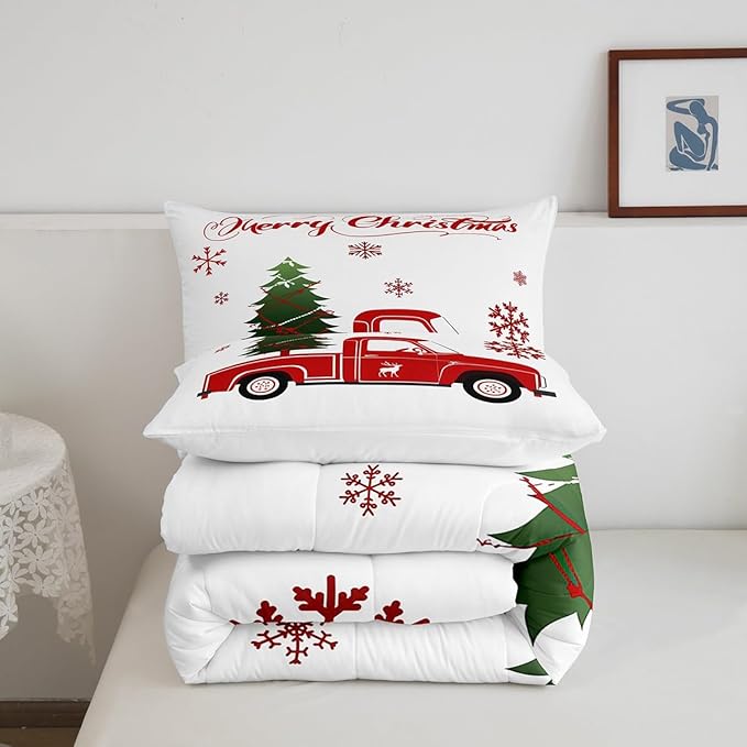 Christmas Tree Comforter Set Twin Size Red Truck Bedding Set Boys Girls Red Xmas Gift Snowflakes Comforter for Teens Bedroom Decor Elk Deer Christmas Decorations Bedding Duvet Set