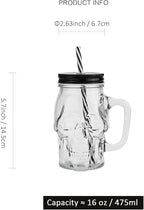Halloween Cups Set of 4 - Skull Mason Jar with Lids Straws and Handle - Skull Drinking Glasses for Halloween Party Bar Decor (16 oz, Clear)