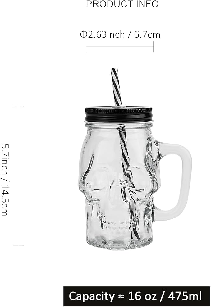 Halloween Cups Set of 4 - Skull Mason Jar with Lids Straws and Handle - Skull Drinking Glasses for Halloween Party Bar Decor (16 oz, Clear)
