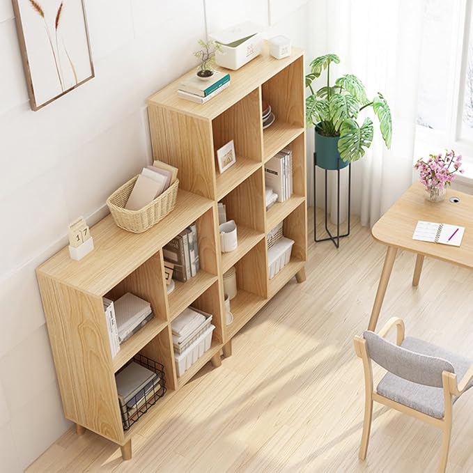 IOTXY Open Cube Low Bookcase - 3-Tier Freestanding Storage Display Cabinet Organizer with Legs for Home Office, 9-Cubes Open Shelf Short Bookshelf, Oak