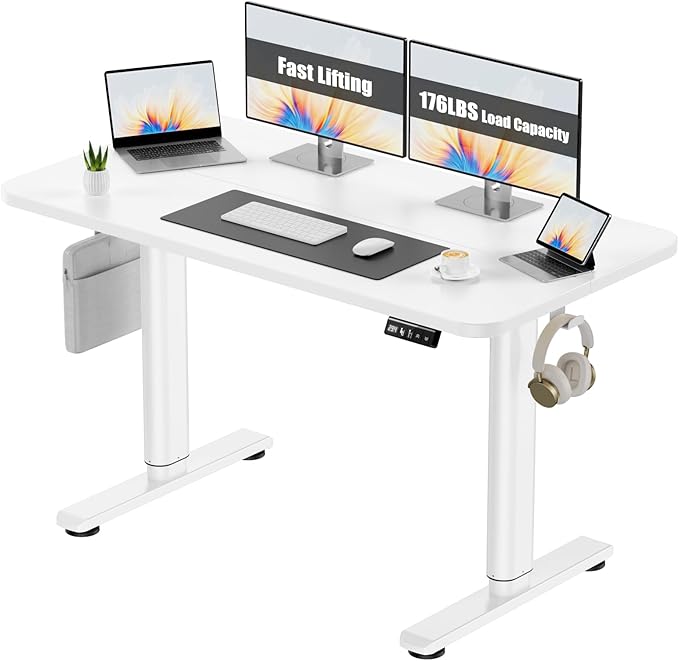 Electric Standing Desk Adjustable Height Stand Up Desk, 48" x 24" Sit Stand Desk, Low Noise Home Office Desk, Computer Desk with Splice Board, Child Lock & Memory Function, White