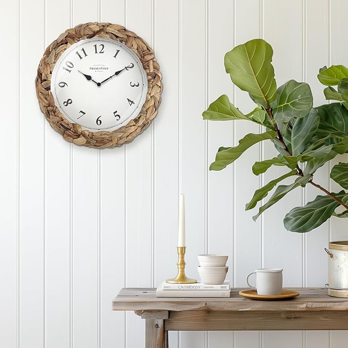 Presentime & Co Farmhouse Series, Rustic Woven Clock, 10.5 inch, Natural Woven Water Hyacinth/Sea Grass. Wall Sculpture, Wall Art and Timepiece for Home Decoration/Decoration/Farmhouse Décor.