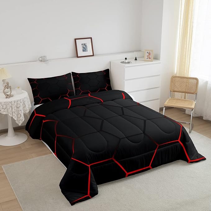 Honeycomb Bedding Set Honeycomb Modern Geometry Hexagon Theme Comforter Set for Kids Boys Children Geometrical Comforter Ultra Soft Beehive Black Red Decor Duvet Set Full Size