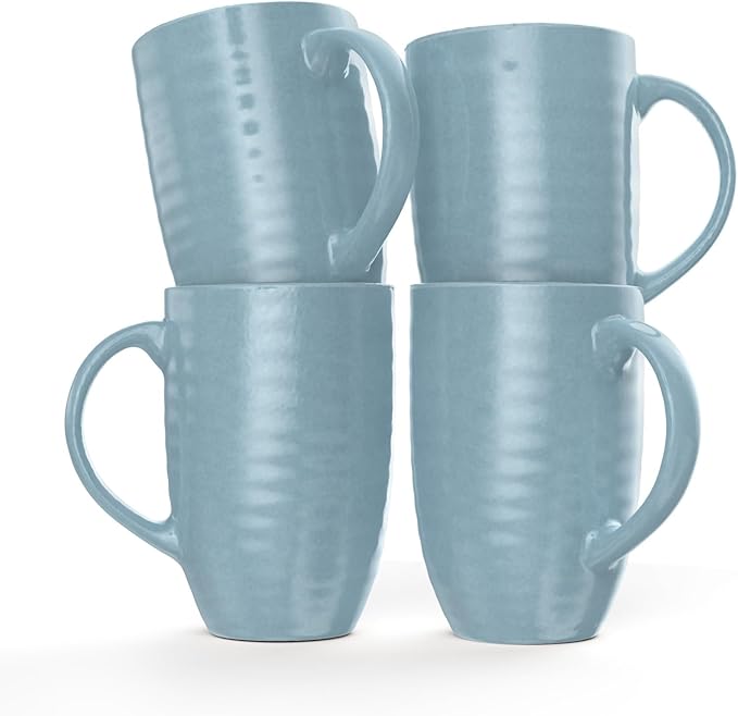 Set of 4 Oversized 20oz Tall Ceramic Latte Coffee Mugs, Gift Set for Cococa, Tea and More. With Large Handles; Dishwasher and Microwave Safe. (Blue)