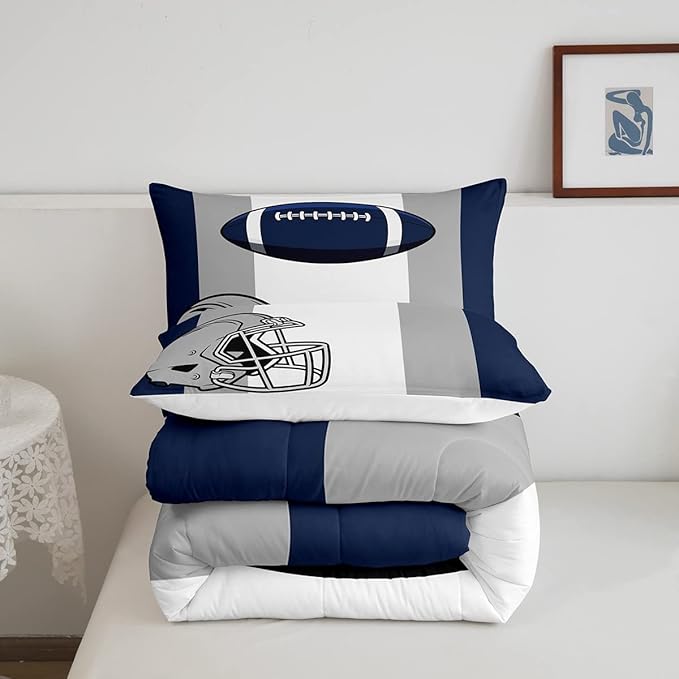 Feelyou Kids Football Comforter Set Queen Size Rugby Sports Bedding Set for Boys Teens Decor Soccer Ball Game Comforter American Football Grey Blue Duvet Set Quilt 3Pcs Boys