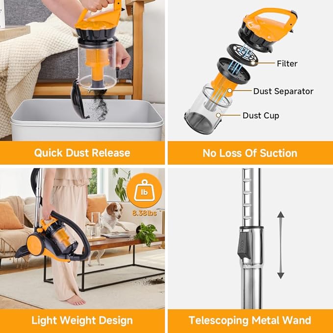 Hoteche 800W Canister Vacuum – 2.5L Powerful & Quiet Cleaner for Hard Floors, Carpets & Pet Hair