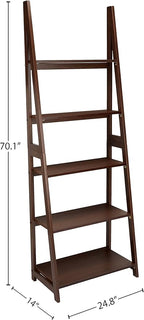 Amazon Basics Modern 5-Tier Ladder Bookshelf Organizer, Solid Rubberwood Frame, Walnut Finish, 14" D x 24.8" W x 70.1" H