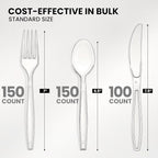 400 Count Heavy Duty Plastic Silverware, BPA-Free, Clear Plastic Cutlery Set, Premium Disposable Utensils for Party Everyday Use, 150 Forks, 150 Spoons and 100 Knives