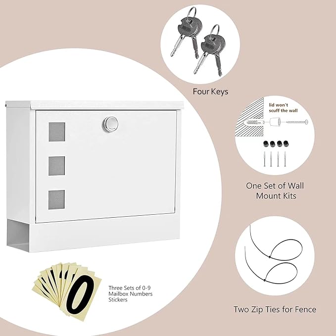 LAND·VOI Locking Mailbox Wall Mounted, Metal Postbox with Three Sets of Mail Box Number Stickers, 4 Keys, 14.4" x 4.5" x 11.2", Large Capacity, Textured White, AMB11W