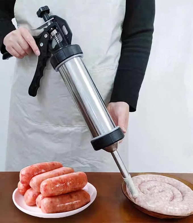 Jerky Gun for Ground Meat, Beef Jerky Making Kit with 5 Nozzles | Stainless Steel Beef Jerky Gun Jerky Marker Sausage Stuffer, 1LB Professional Jerky Gun Kit, 2 Cleaning Brush, Jerky Shooter