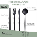 Matte Black KiiZYs Silverware Set - 16-Piece Kitchen Utensil With Korean Chopsticks - Stainless Steel Flatware Cutlery - Spoons, Forks, Knife - Dishwasher Safe - New Home Wedding Gifts (Black, 4 Sets)