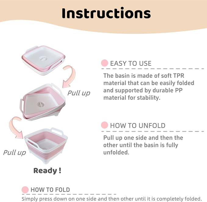 Collapsible Wash Basin for Baby Bottles - 2.4 Gallons Portable Wash Bin for RV Camping Sink, Space-Saving Dish Tub (Pink)