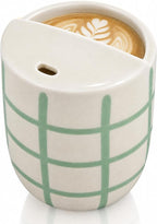 Ceramic Coffee Mug with Sip Hole 10 oz Novelty Checkered Coffee Cup Retro Hand Painted Ceramic Tea Travel Mug Cappuccino Latte Cup for Kitchen Dining Travel, Microwave & Dishwasher Safe