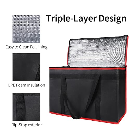 Bodaon Insulated Food Delivery Bag, XX-Large Reusable Grocery Shopping Bags, Picnic Cooler Bag Zipper/Zippered Top Cold, Black with Red Edge, 1-Pack | Reusable Grocery Shopping Bags, Picnic Cooler Bag, Zipper/Zippered Top Cold, Commercial Catering Pizz...