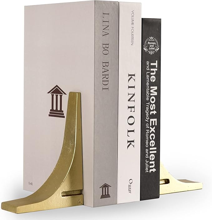 Ambipolar Gold Cast Iron Bookends, Sharp Triangle Theme, Decorative Bookends for Living Room, Office, Desktop, Bookshelves Decor, Bookends for Heavy Books