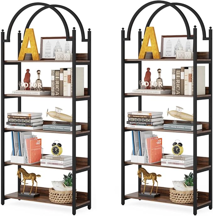 Tribesigns 5-shelf Arched Bookcase Set of 2, Rustic Wood Shelf with Black Metal Frame, Industrial Metal Etagere Open Bookshelf (2, Brown+Black)