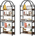 Tribesigns 5-shelf Arched Bookcase Set of 2, Rustic Wood Shelf with Black Metal Frame, Industrial Metal Etagere Open Bookshelf (2, Brown+Black)