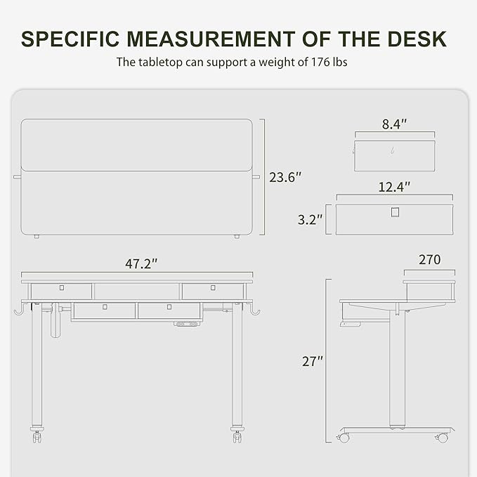 BANTI Height Adjustable Electric Standing Desk with 4 Drawers, 48 x 24 Inch Table with Storage Shelf, Sit Stand Desk, White Top