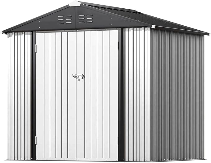 Greesum 8×6FT Outdoor Storage Shed, Metal Patio Storaged Sheds with Lockable Doors, Sheds & Outdoor Storage for Bike, Backyard, Pool and Garden, White