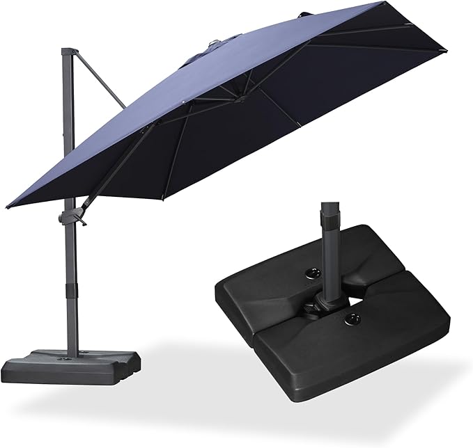 PURPLE LEAF 10' × 10' Patio Cantilever Umbrella with Base Outdoor Square Adjustable Offset Umbrellas with 360-degree Rotation and 8 Heavy Duty Metal Ribs for Garden Deck Pool Navy Blue
