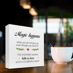Inspirational Wood Sign,Magic Happens When You Do not Give Up Wood Block Sign Desk Decor,Motivational Sign Wooden Box Plaque Sign for Home College Office Shelf Table Decor Decorations