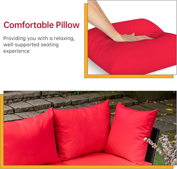 FDW Patio Furniture Sets 5 Pieces Outdoor Wicker Conversation Set Sectional Sofa Rattan Chair for Outdoor Backyard Porch Poolside Balcony Garden Furniture with Coffee Table,Red Cushion