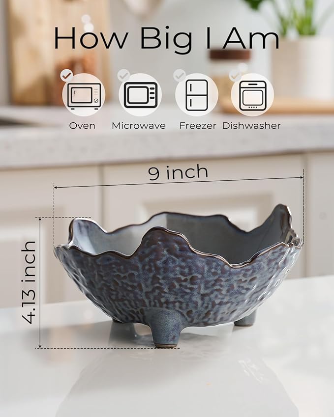 Fruit Bowl, Porcelain Oval Bowl for Kitchen Counter Large Decorative Bowl for Home Decor Centerpiece Bowl for Fruit, Vegetable, Breads, Nuts, Blue