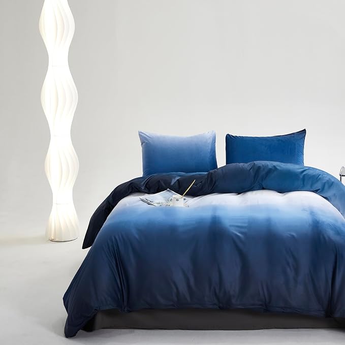 Blue White Gradient Comforter Set Full Blue Velvet Bedding Comforter Modern Plain White and Royal Blue Gradient Soft Quilt Farmhouse Flannel Comforter Warm Full Bed Comforter