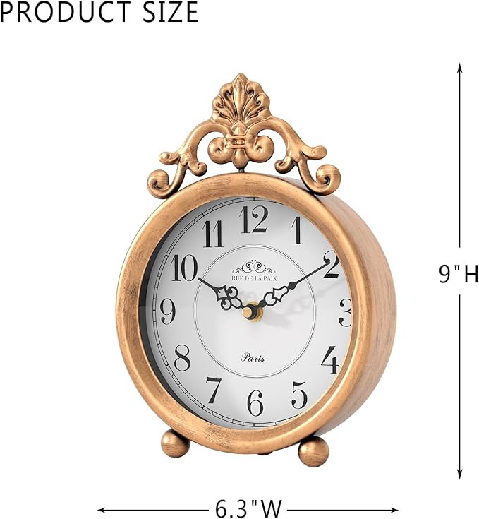 Vintage Gold Table Clock, Desk and Shelf Mantel Clock, French Rustic Antique Style Decor Clocks, for Farmhouse, Bedroom, Living Room, Bedside, Gift (9" H x 6.3" W)