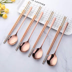 Buyer Star 4 Set Rose Gold Square Chopsticks and Spoons Set Metal Stainless Steel Spoons Chopsticks Set