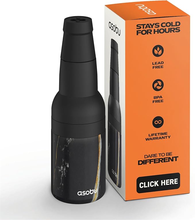 Asobu Frosty Beer Holder 2 Go Vacuum Insulated Double Walled Stainless Steel Beer Can and Bottle Cooler with Beer Opener, Bpa Free, Fits Standard 12oz Bottles, Gift for Beer Lovers (Midnight Marble)