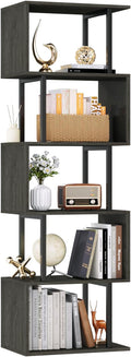 Furologee 6 Tier Bookshelf Tall Geometric Bookcase, S-Shaped Industrial Display Standing Shelf, Metal and Wood Decorative Storage Room Divider Shelves for Bedroom, Living Room, Office, Light Black Oak