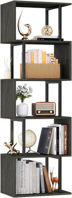 Furologee 6 Tier Bookshelf Tall Geometric Bookcase, S-Shaped Industrial Display Standing Shelf, Metal and Wood Decorative Storage Room Divider Shelves for Bedroom, Living Room, Office, Light Black Oak
