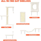 10 Pcs Cat Wall Shelves Set, Wall-Mounted Climber with Cat House, Scratching Post, Bridge, Hammock, Space-Saving Play Furniture, Beige