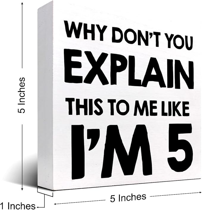 Why Don't You Explain This to Me Like I'm 5 Wood Block Sign Desk Decor,Funny Wooden Box Plaque Sign Desk Decor for Home Office Shelf Table Decor Decorations