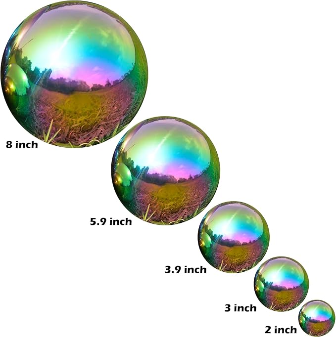Nerien Gazing Ball, Stainless Steel Garden Mirror Globe, Polished Ornament Sphere, Hollow Floating Reflective Hemisphere, for Home Outdoor Pond Housewarming Swimming Pool Decoration, Rainbow, 8Pcs