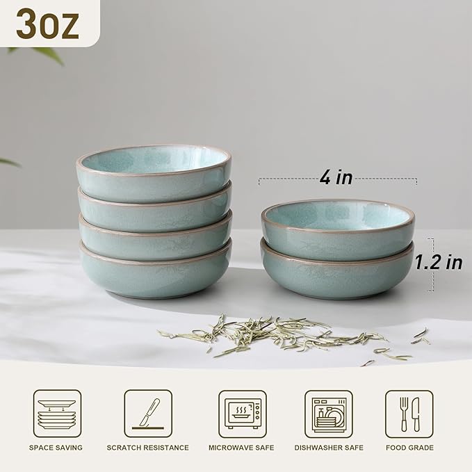 famiware Nature Ceramic Soy Sauce Dish, Dipping Bowls Set of 6, 3 oz Dipping Sauce Bowls/Dishes/Cups/Plates, Small Serving Bowls for Side Dishes, Condiments, Sushi, Appetizer, Dessert, Verdure