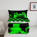 Gaming Bedding Set Queen Size Game Comforter Set for Boys Girls Kids Teens Soft Microfiber Green Modern Buttons Video Game Duvet Insert Gamer Room Decorative 3 Piece Bedding Set with 2 Pillow Shams