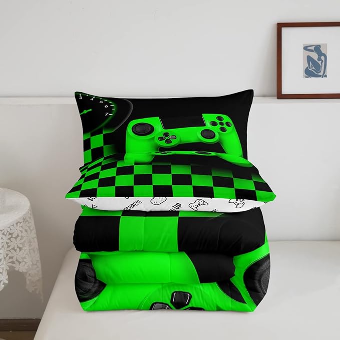 Gaming Bedding Set Queen Size Game Comforter Set for Boys Girls Kids Teens Soft Microfiber Green Modern Buttons Video Game Duvet Insert Gamer Room Decorative 3 Piece Bedding Set with 2 Pillow Shams