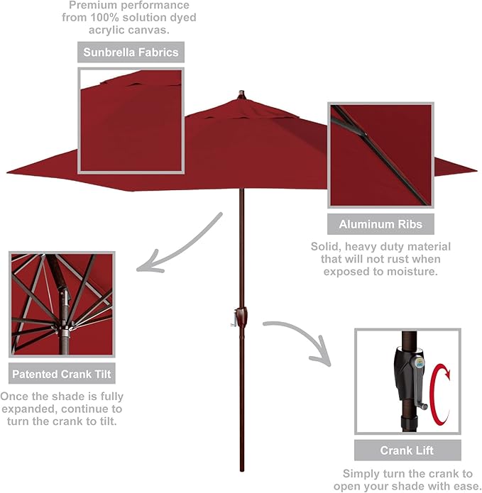 California Umbrella 9' Rd Sunbrella Aluminum Patio Umbrella, Crank Lift, Auto Tilt, Bronze Pole, Jockey Red