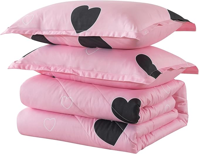 Love Pattern Girls Pink Comforter Set Full Size, Blush Pink Cute Love Heart Sexy Comforter Bedding Set for All Seasons, Geometric Microfiber 3 Pieces Comforter Set with Pillowcases
