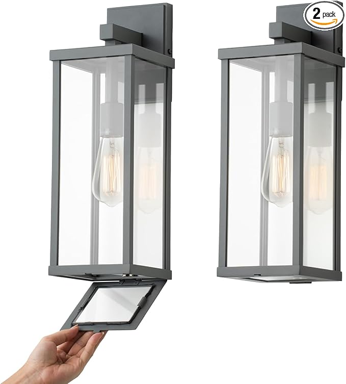 mirrea 18" Classic Outdoor Wall Sconce 1 Light in Matte Gray Rectangular Metal Frame and Clear Glass Shade Waterproof Porch Light Patio Light Pack of 2