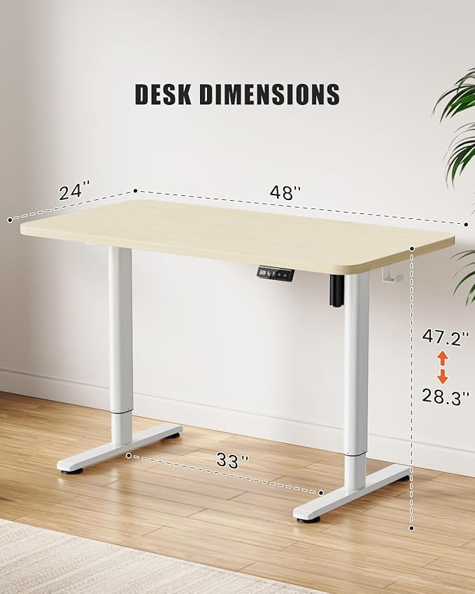 Electric Standing Desk Adjustable Height Stand Up Desk, 48" x 24" Sit Stand Desk, Low Noise Home Office Desk, Computer Desk with Whole-Piece Board, Child Lock & Memory Function, Maple
