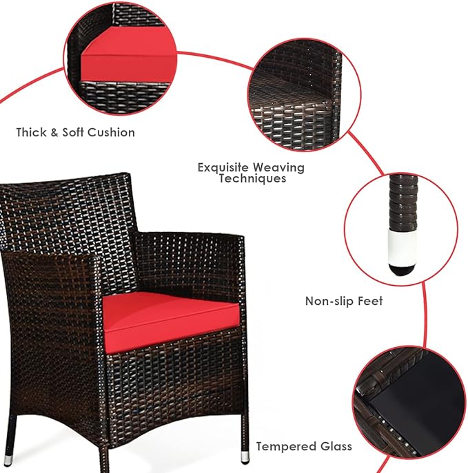 Goplus 4-Piece Rattan Patio Set, Outdoor/Indoor Wicker Conversation Set for Pool, Backyard, Lawn, Wicker Chairs and Sofa with Soft Cushion, Rattan Furniture with Tempered Glass Coffee Table