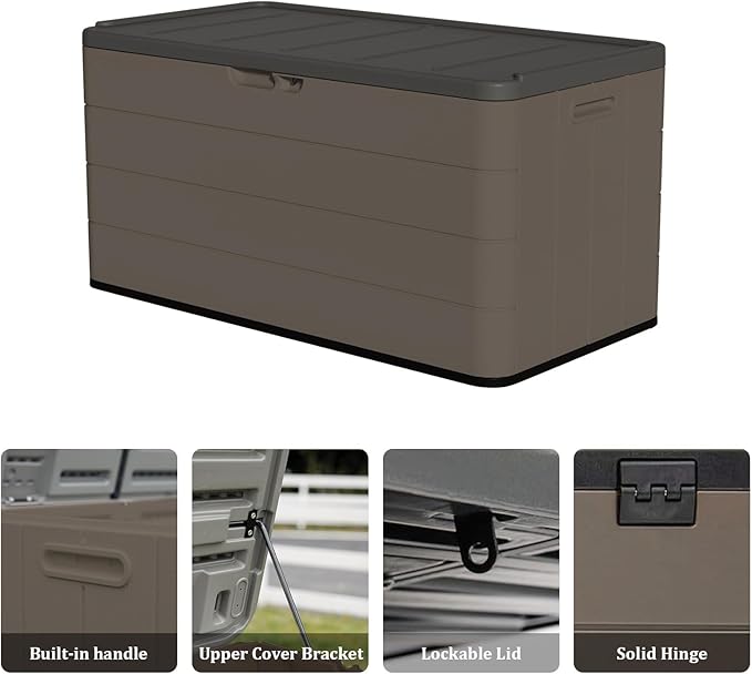 ZZM 110 Gallon Lockable Resin Deck Box, Waterproof Outdoor Storage Box for Patio Cushion Storage Cabinet and Tools Storage, Coffee
