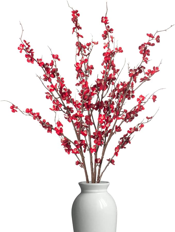 4Pcs Cherry Blossom Branches Artificial Flowers for Spring Summer Indoor Decoration,Faux Long Stem Artificial Flowers for Wedding Home Office Bedroom Party Table Centerpieces Decor(Red)